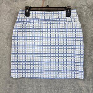 Chicos Skirt Womens 4 Blue White Plaid Lined Stretch Pull On Casual Office